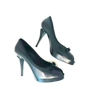 Chanel Classic Vintage Black Leather Peep Toe Bow Stiletto Pumps Heels EU 39.5